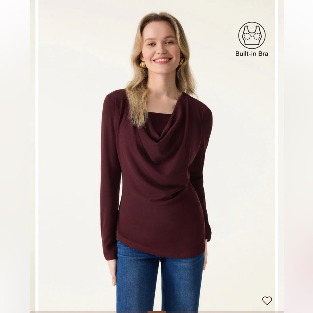 NWT OGL Cowl Neck Built-in Coverage Long Sleeve Built-In Bra - Burgundy